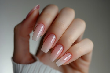 Wall Mural - Closeup to woman hands with elegant neutral colors manicure. Beautiful pale pink gel polish manicure on long square nails on neutral gray background