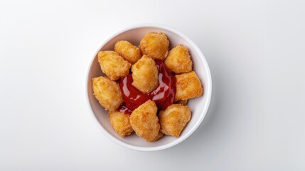 Wall Mural - Top view fresh chicken nugget and sauce with clear white background and spotlight for product presentation  