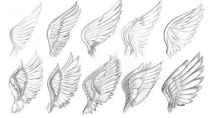 Wall Mural - 
Angel wings vector set. Winged abstract emblems drawn with one thin line 3d avatrs set vector icon, white background, black colour icon