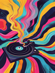 Wall Mural - pop art 60s psychedelic colorful trippy retro style image of vinyl record album on a turntable with music coming out of it in waves and dance party atmosphere background