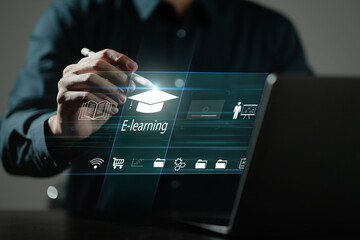 Fototapete - Concept of Online education. man use Online education training and e-learning webinar on internet for personal development and professional qualifications. Digital courses to develop new skills...