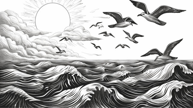 
Birds fly over the sea. Seascape with waves, seagulls. Travel concept. Hand drawn landscape in vintage engraving style 3d avatrs set vector icon,
