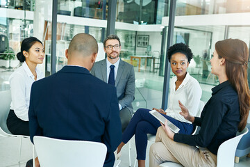 Leinwandbilder - Business people, corporate and meeting for teamwork with conversation for communication. Diversity, schedule and finance company with brainstorming for hiring of employees for growth in Germany.