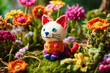 © nskyr2 - Handmade knitted cat. Kid soft animal toy made yarn in flowering garden. Selective focus on eyes.