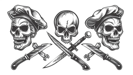 Wall Mural - Chef skull and crossed knives. Cooking, food preparation concept. Hand drawn sketch vintage vector illustration 3d avatrs set vector icon,