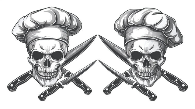 chef skull and crossed knives. cooking, food preparation concept. hand drawn sketch vintage vector i
