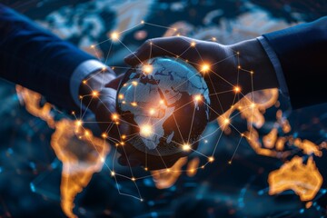 Poster - Image of two hands holding a glowing earth globe with network connections, depicting global business and communication