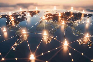 Poster - A digital composite image of the Earth with a glowing network overlay represents global connectivity and international networking