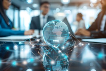 Poster - A digitally augmented reality of a globe with network lines symbolizing global business and communication in an office