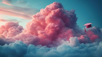 A beautiful dreamscape of a graduation cap floating above pink clouds. The sky is a vibrant blue and the clouds are soft and fluffy. The image is full of hope and possibility.