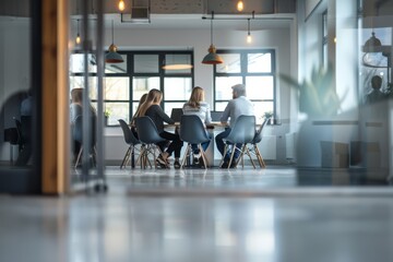 Poster - A group of professionals is engaged in a meeting within a bright office environment, discussing and collaborating on work