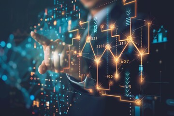 Poster - An individual interacts with a holographic projection of financial data and graphs, indicating futuristic trading or analysis