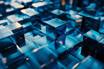 Poster - This image showcases a multitude of geometric blue cubes with dynamic light reflections, creating a 3D effect