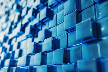 Poster - A digitally created image showing a grid of shiny blue cubes, with depth and a modern 3D perspective