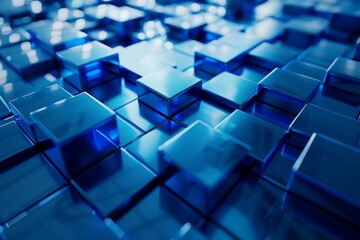 Poster - Graphic image with an abstract pattern of reflective blue cubes with a sense of depth and technology