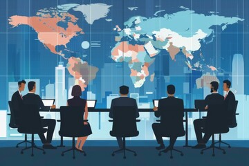 Poster - Illustration of business professionals in a meeting with a global map background, symbolizing international business