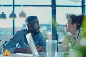 Poster - Two colleagues are engaged in a discussion over a laptop in a brightly lit, modern office space