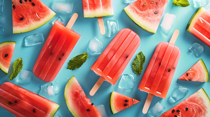 Wall Mural - Watermelon Popsicles on a colorful background. Refreshing summer fruit concept