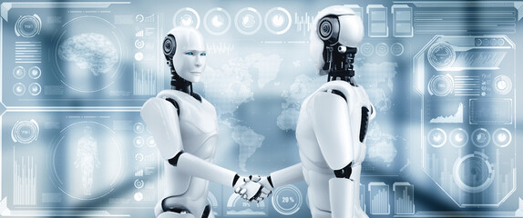 Poster - mlp 3d illustration humanoid robot handshake to collaborate future technology development by ai thin