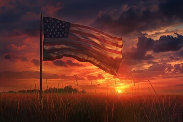 us flag in a scenic view of nature and sunset