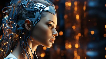 Poster - close up view of futuristic female robot looking at camera in neon light