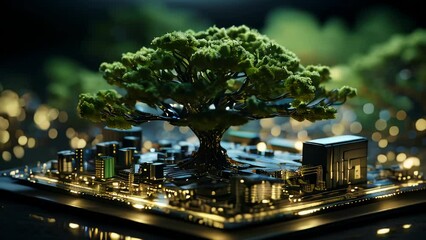 Poster - Green tree on microcircuit board. Biotechnology and science concept background