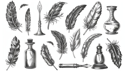 Wall Mural - Feather quill pen in inkwell. Hand drawn sketch illustration in vintage engraving 3d avatrs set vector icon, white