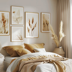 Neutral toned bedroom with framed art