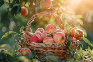 Wall Mural - Basket of peaches under tree, natural, seedless fruit