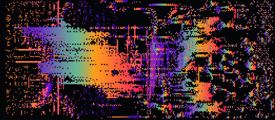 Aufkleber - Dark background with distorted pattern of decaying neon pixels. Vector illustration in 8-bit glitch art style.