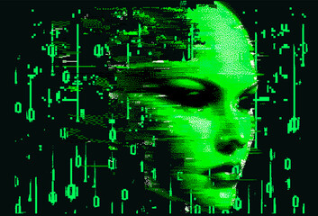 Aufkleber - Green 3D human face on a dark background. Conceptual vector illustration on the topic of virtual reality and technology.