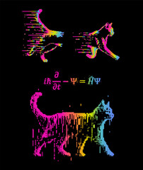 Poster - Vector illustration of Schrodinger's cat in pixel art futuristic style and neon colors. Concept of virtual reality simulation and quantum computing.