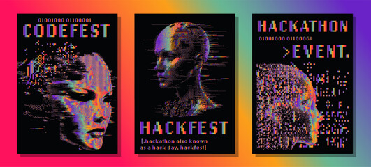 Aufkleber - A set of posters with illustrations of glitchy holographic heads for various tech events, hackathons, festivals, etc.