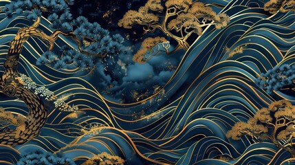 Gold wave and blue pine tree background seamless pattern modern. Japanese wave and bonsai pattern