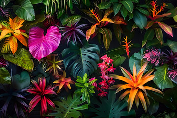 Sticker - many brightly colored tropical plants are on a black wall