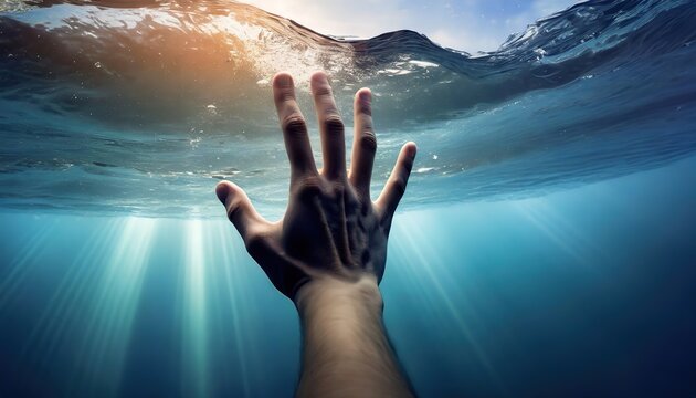 Hand reaching out from beneath the water surface towards the light, with beams filtering through the ocean. Submerged person extending upwards towards ocean surface, dramatic underwater scene.