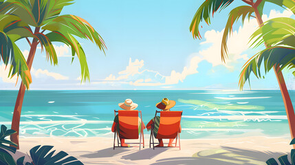 Retired traveling couple resting together on sun loungers during beach vacations on a tropical island