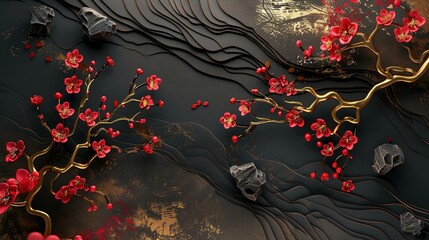 Poster - Cherry Blossom and Stone Decorations in Gold, Black, and Red Oriental Art Banner