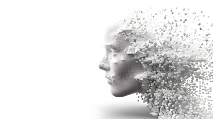 Poster - Abstract AI Concept Art, Digital Transformation, Human Head Disintegrating into Pixels. Perfect for Tech and Innovation Themes. AI