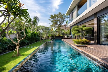 : A chic modern villa with a sleek, rectangular swimming pool, bordered by a wooden deck and lush, manicured gardens, captured in high definition.