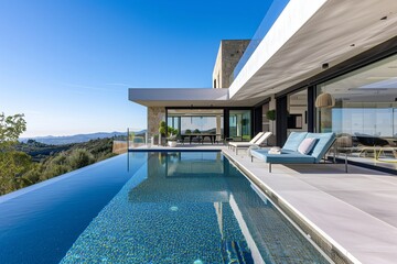 : A high-end modern villa with a rooftop infinity pool, offering panoramic views of the surrounding landscape, captured in exquisite detail.