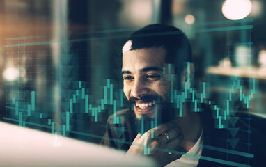 Aufkleber - Man, overlay and financial trading on laptop at night, economy and stock market graphs. Male person, website and plan for global exchange or monitor investment, online and accounting on internet