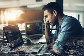 Aufkleber - Man, technology and anxiety with city overlay in office for financial risk, mistake and stock market crash. Trading, broker and frustrated with anxiety for investment, failure and bad news of economy