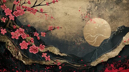 Wall Mural - Art Landscape in Oriental Style: Banner with Gold, Black, and Red Textures