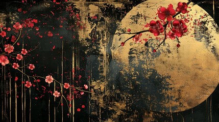 Wall Mural - Gold, Black, and Red Textured Oriental Banner: Art Landscape with Cherry Blossoms