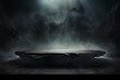© BOTAHRY DEX - Podium black dark smoke background product platform abstract stage texture fog spotlight. Dark black floor podium dramatic empty night room table concrete wall scene place display studio smoky dust