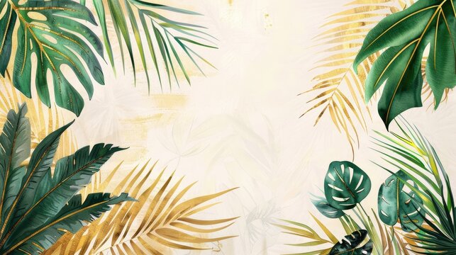 The gold palm leaves and tropical palms make a beautiful background for contemporary botanical prints for any wall.  