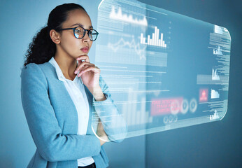Leinwandbilder - Business woman, thinking and analytics hologram with overlay for financial review with charts and graph. Female person or ceo and glasses with futuristic interface for logistics on company budget