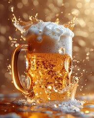 Wall Mural - A beer mug on the wooden table. The beer is pale golden in color and have thick white foam on top. There was a little beer splashed on top. If you try a sip of cold beer, it will be very refreshing.