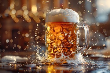 Wall Mural - A beer mug on the wooden table. The beer is pale golden in color and have thick white foam on top. There was a little beer splashed on top. If you try a sip of cold beer, it will be very refreshing.